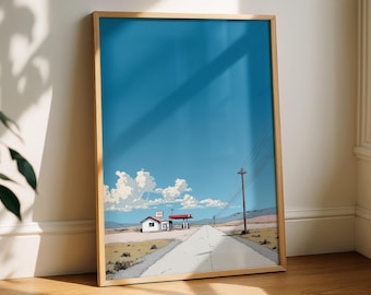 Lone Petrol Station Poster, Ligne Claire Roadside Scene, Minimalist Travel Wall Art, Retro Highway Illustration, Modern Landscape Print