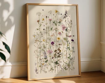 Field Flower Herbarium Print, Natural History Botanical Illustration, Museum Style Floral Poster