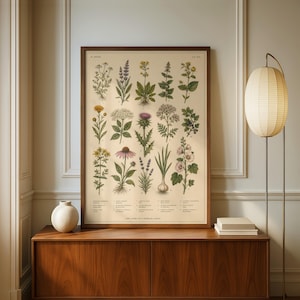 May include: A framed botanical print featuring fifteen detailed illustrations of various herbs and flowers arranged in a grid, each labeled with text. The print has a cream-colored background and is displayed in a dark brown wooden frame.