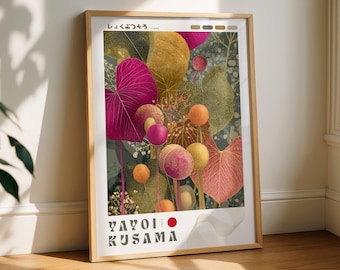 Estampado floral de Yayoi Kusama, arte abstracto japonés para pared, decoración botánica asiática.