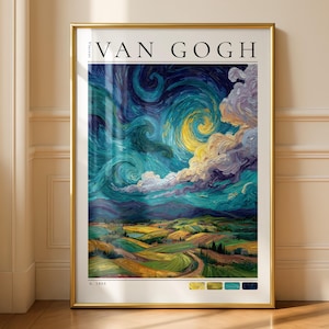 May include: A framed print of Van Gogh's "Starry Night" shows a vibrant night scene with swirling blues, greens, and yellows. The artwork, in a gold frame, displays the artist's name at the top and a colour palette at the bottom.