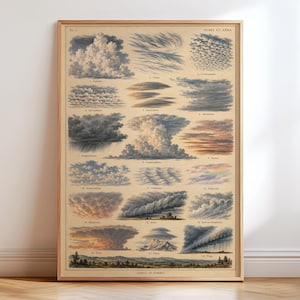 May include: A framed educational poster titled NUBES ET AERA featuring a grid of various cloud formations labelled 1 through 15. The print displays detailed illustrations of cumulus, cirrus, and storm clouds in shades of blue, grey, and orange.