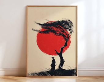 Minimalist Japanese Samurai Poster, Vintage Ink Wash Art, Samurai Under Tree Wall Decor