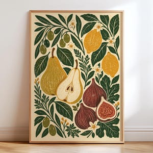 May include: A framed vertical wall art print featuring a botanical illustration of pears, lemons, figs, and olives. The design includes whole and halved fruits with dark green leaves and small white flowers on a light cream background.