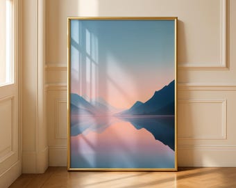 Poster „Ruhiger See“, Spiegelung pastellfarbener Berge, minimalistische Naturkunst, beschauliche Wanddekoration