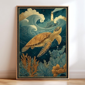 May include: A framed art print featuring a sea turtle swimming in the ocean. The artwork has a vintage style with a lighthouse, waves, and coral in shades of blue, gold, and brown. The print is in a wooden frame and is displayed against a white wall.