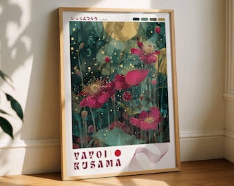 Lámina floral de Yayoi Kusama, arte mural abstracto japonés, póster botánico minimalista.