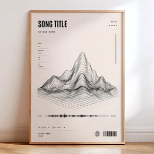 May include: A framed poster with a minimalist design. The artwork features a black and white 3D line graph resembling a mountain range, with the text "SONG TITLE" and "ARTIST NAME" at the top. Additional details include a waveform and a barcode.