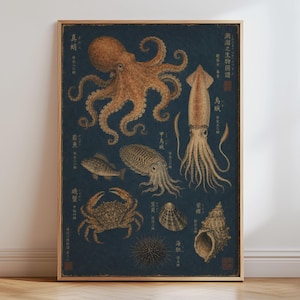 May include: A rectangular wall art print featuring a dark blue background with detailed, vintage-style illustrations of marine life including an octopus, squid, fish, crab, sea urchin, and shells, accompanied by traditional Japanese text characters.
