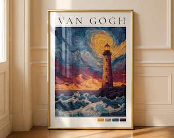 Lámina artística "Faro de Van Gogh, Noche sobre el Océano": Póster de pintura al óleo impresionista