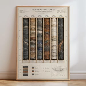 May include: A framed scientific print titled GEOLOGICAL CORE SAMPLES featuring six vertical cylindrical columns of earth strata in shades of black, tan, gray, brown, and white, with technical data, depth markers, and a legend printed on the paper.