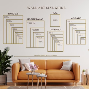 May include: A wall art size guide chart featuring ratios 2:3, 11x14, ISO sizes A1-A5, 3:4, and 4:5 with specific dimensions in inches and centimeters. The chart is displayed above an orange sofa with a standard width of 90 inches.
