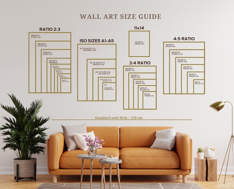 May include: A wall art size guide chart featuring ratios 2:3, 11x14, ISO sizes A1-A5, 3:4, and 4:5 with specific dimensions in inches and centimeters. The chart is displayed above an orange sofa with a standard width of 90 inches.