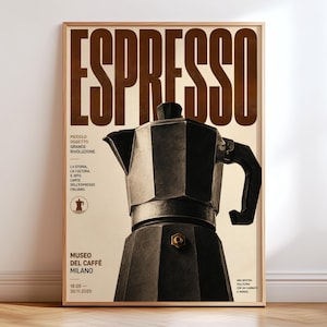 May include: A vertical poster featuring a large, dark metallic moka pot centered against a cream background. The word ESPRESSO is printed in bold brown letters at the top. Italian text includes PICCOLO OGGETTO, GRANDE RIVOLUZIONE, and MUSEO DEL CAFFÈ MILANO.