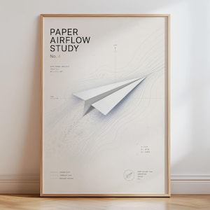 May include: A framed wall art print titled PAPER AIRFLOW STUDY No. 4, featuring a white paper airplane centered against a background of thin, blue topographical-style contour lines representing airflow patterns, with technical text and data points.