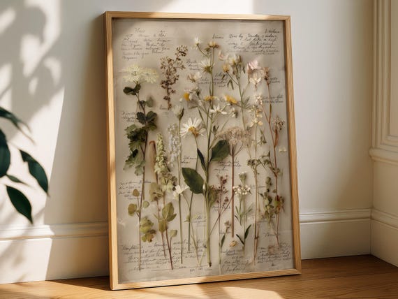 Vintage Herbarium Poster, Wildflowers Illustration with Handwritten Labels, Natural History Art Print, Botanical Wall Decor, Aged Paper