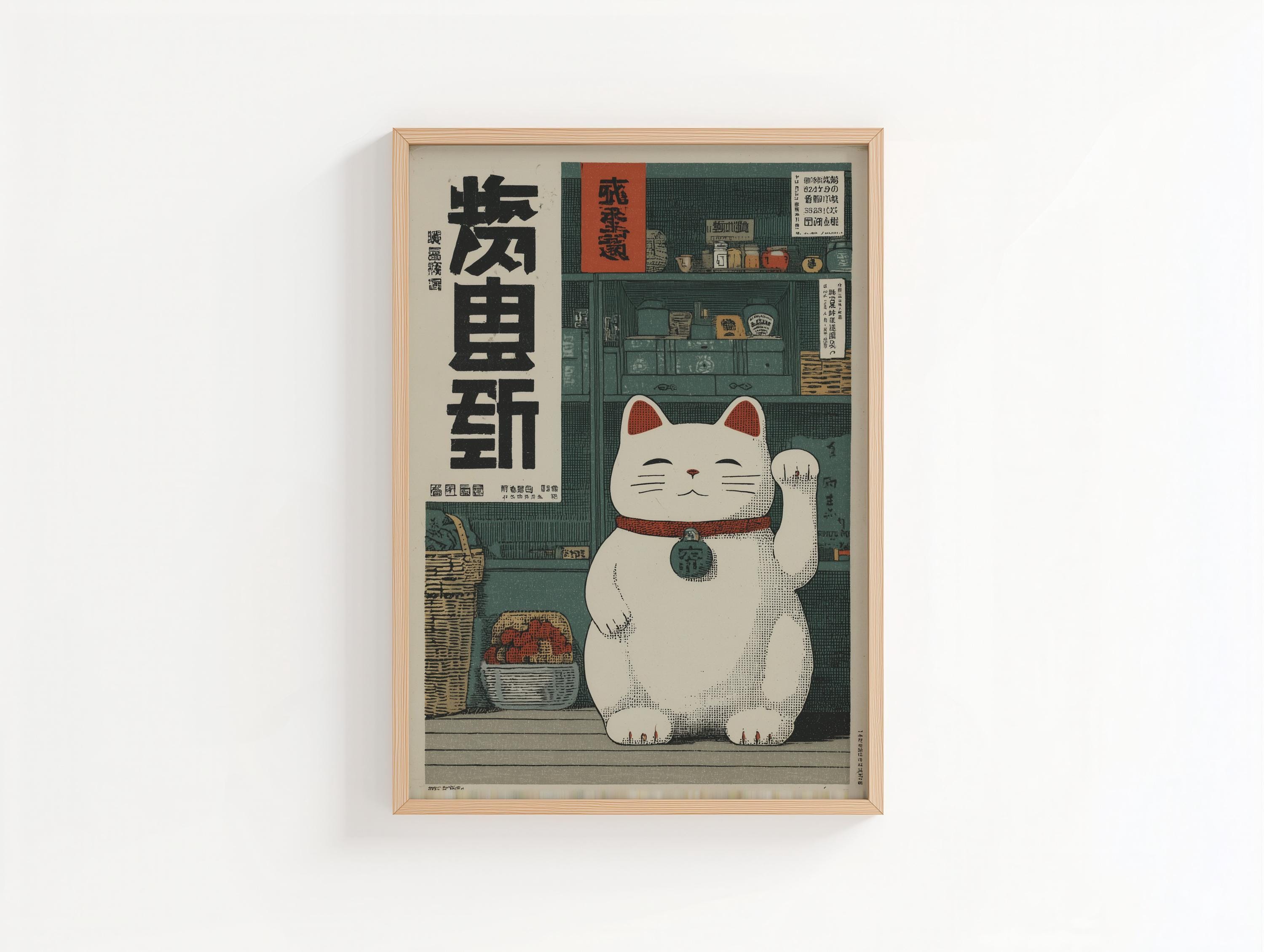 Maneki Neko Poster, Japanese Lucky Cat Wall Art, Vintage Ukiyoe Style ...