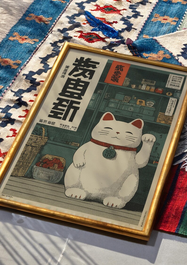 Maneki Neko Poster, Japanese Lucky Cat Wall Art, Vintage Ukiyoe Style ...