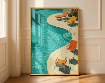 Vintage Modern Pool Poster, Turquoise Water Print, Retro Summer Wall Decor, Minimal Poolside Art, Geometric Ripples Illustration.