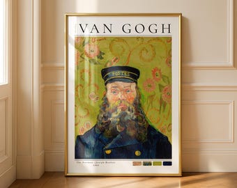 May include: A framed print of Van Gogh's "The Postman (Joseph Roulin)" (1888). The portrait shows a man in a dark blue coat and hat with the word "Postes" on it. The background is a green and yellow floral pattern.