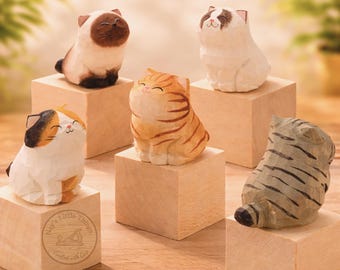 Figura de gato de madera tallada a mano, decoración minimalista de gatos, escultura de animal pequeño, adorno de escritorio