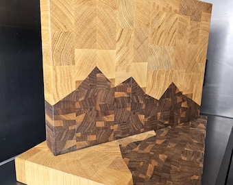 Handcrafted end-grain cutting board made of oak/walnut with mountain panorama