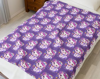 Purple Cat Velveteen Blanket | Whimsical Girls Throw
