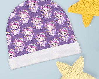 Purple Cat Baby Beanie | Rainbow Bow Kitten Hat