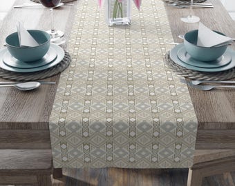 Beige Geometric Table Runner | Neutral Tile Pattern Dining Decor