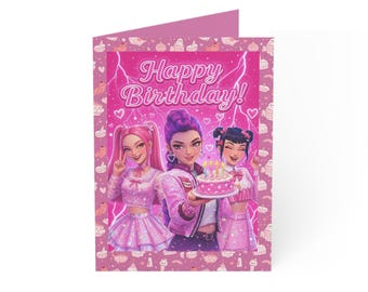 Kpop demon hunters happy birthday colourful card for girls
