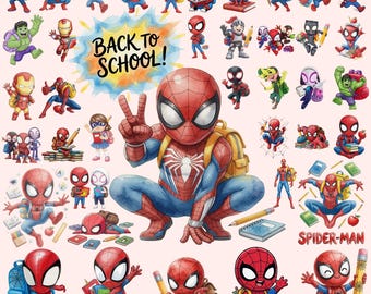 Superhéroes de regreso a clases 2026, Lindo clipart escolar, Héroe de Marvel Spider-Man Hulk Descarga digital
