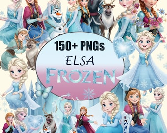 Imágenes prediseñadas PNG de Frozen en acuarela, Elsa, Anna y Olaf, fiesta infantil, lindo kit de Frozen, acuarela delicada, personajes y paisajes.