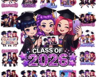 Kpop Demon Hunters Graduation PNG Bundle, Class of 2026 Senior Graduate PNG, kpop Anime Graduation Clipart, Sublimation Design Download