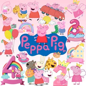 Puede incluir: Una colección de ilustraciones con temática de Peppa Pig. La imagen presenta varios personajes, incluyendo a Peppa Pig, en diferentes poses y entornos. También hay números, arcoíris y otros elementos decorativos. El fondo es de color rosa claro.