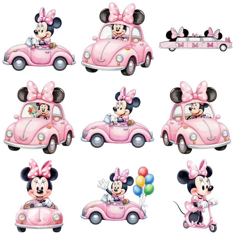 May include: A set of watercolour illustrations showing Minnie Mouse in pink vehicles: a convertible, a classic car, a limousine, and a scooter. Minnie is wearing a pink dress and bow.