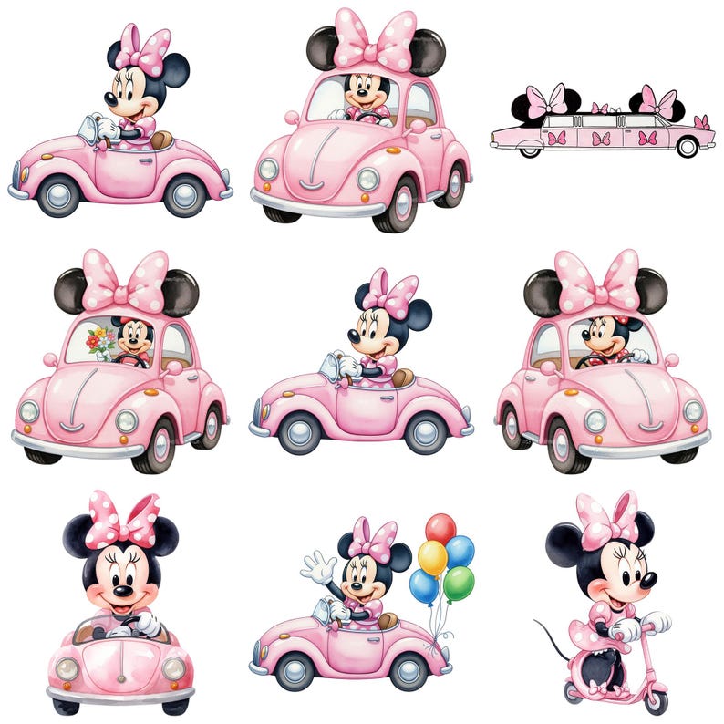 Minnie Mouse akvarell Clipart Bundle PNG, Minnie Mouse Clipart, Baby Minnie Mouse Födelsedagsfest Clipart, Söta rosa karaktärer PNG bild 4