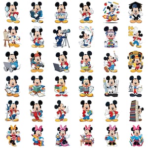 Puede incluir: Una colecci&oacute;n de treinta y cinco ilustraciones individuales que muestran a Mickey y Minnie Mouse en diversas actividades escolares, incluyendo leer libros, usar computadoras, pintar, realizar experimentos cient&iacute;ficos y sostener &uacute;tiles escolares.