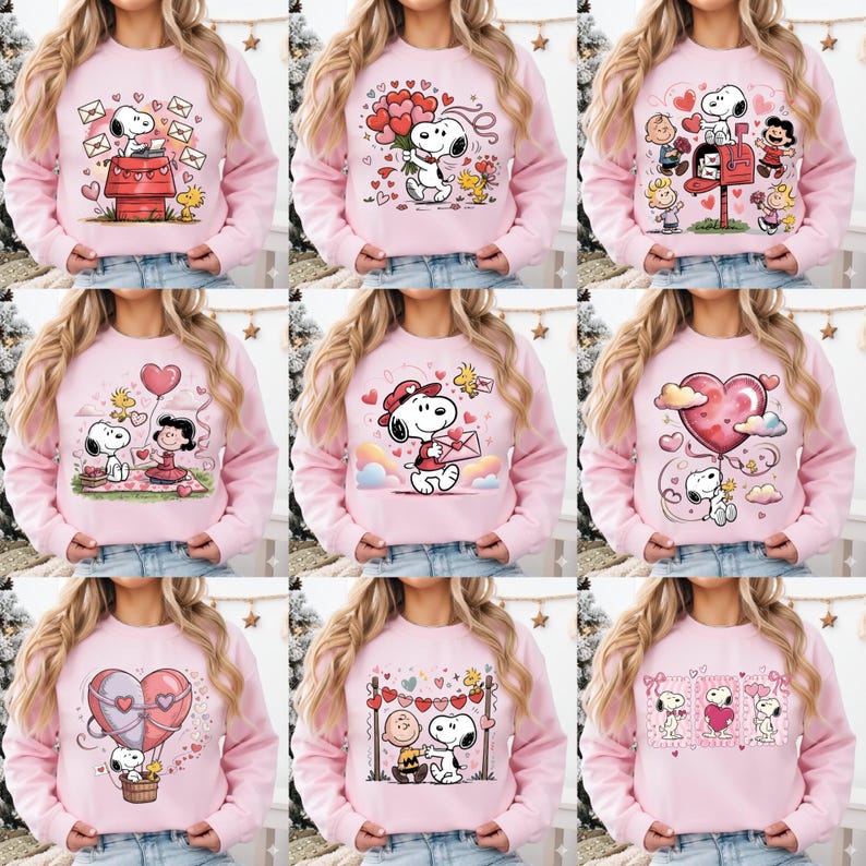 May include: Pink sweatshirts featuring Snoopy and Woodstock in various Valentine's Day designs. Each sweatshirt showcases a different graphic, including Snoopy with hearts, mail, and balloons. The designs are in a cartoon style.