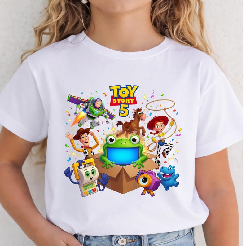 May include: A white t-shirt featuring a colorful graphic print of Toy Story 5 characters including Buzz Lightyear, Woody, Jessie, Bullseye, and other animated figures surrounding a green frog in a cardboard box with confetti accents.