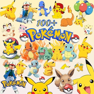 May include: A vibrant illustration featuring numerous Pokémon characters, including Pikachu, Charmander, and Squirtle. The image includes the text "100+ Pokémon" and various Poké Balls, set against a yellow background.