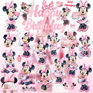 Minnie Mouse akvarell Clipart Bundle PNG, Minnie Mouse Clipart, Baby Minnie Mouse Födelsedagsfest Clipart, Söta rosa karaktärer PNG bild 1