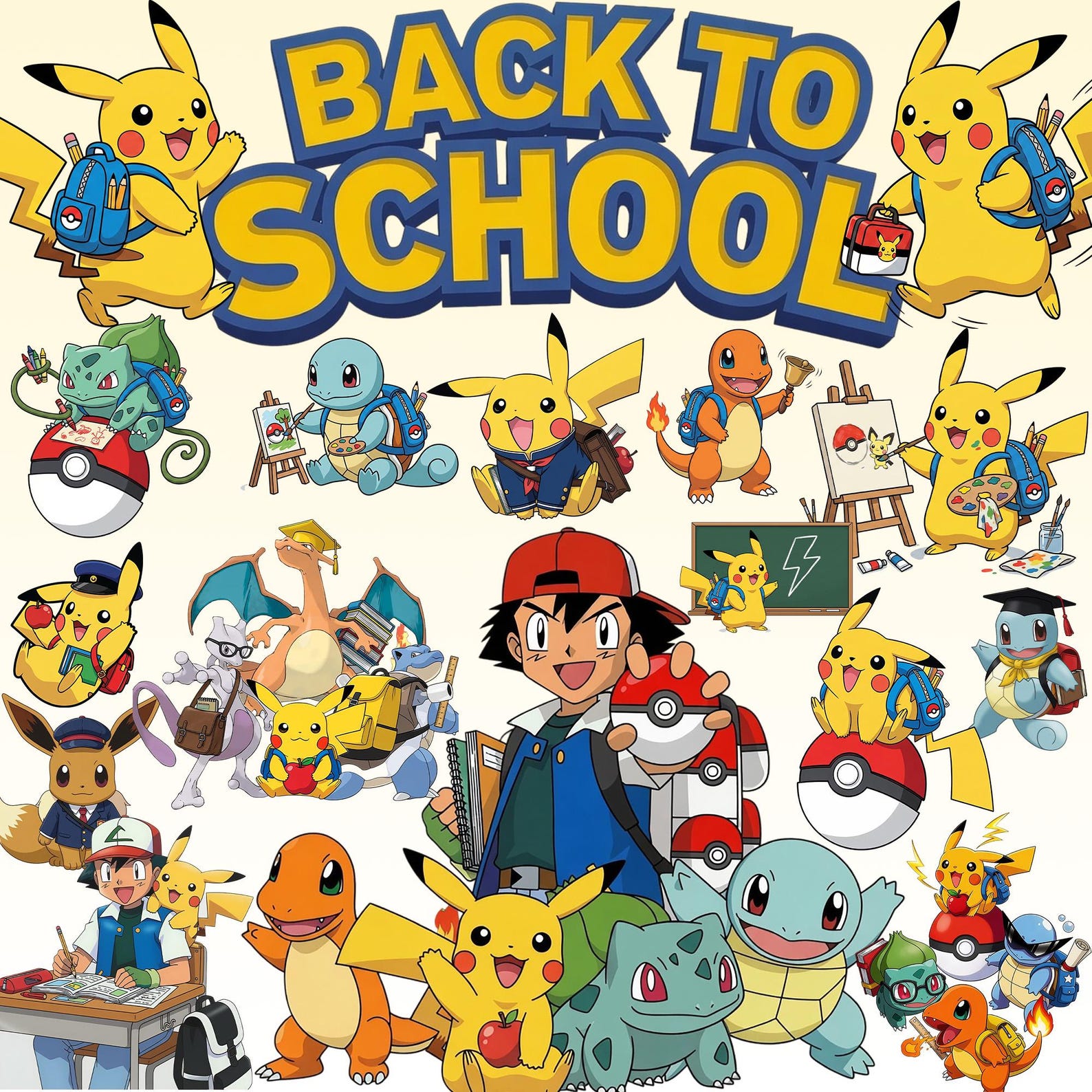Pikachu Study Screen Pokémon Back to School PNG Clipart, Pikachu Bulbasaur Charmander ...