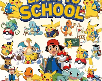 Imágenes prediseñadas PNG de Pokémon para la vuelta al cole, pegatinas digitales de Pikachu, Bulbasaur, Charmander y Squirtle, gráficos educativos de Pokémon adorables