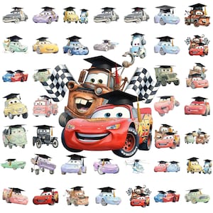 May include: A collection of watercolor illustrations featuring various car characters from the movie Cars, each wearing a graduation cap. The cars are in different colors and styles, with some holding checkered flags.