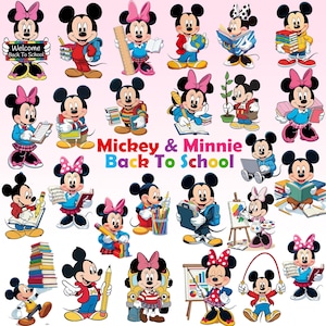 Puede incluir: Una colecci&oacute;n de ilustraciones de Mickey y Minnie Mouse con tem&aacute;tica escolar, que incluye el texto Mickey & Minnie Back To School. Los personajes aparecen con diversos &uacute;tiles escolares como libros, l&aacute;pices, reglas y globos terr&aacute;queos.