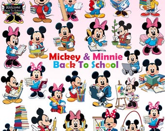 Paquete PNG de Mickey Mouse y sus amigos para la vuelta al cole, imágenes prediseñadas de dibujos animados de Mickey Mouse para la vuelta al cole para sublimación, Mickey Mouse PNG