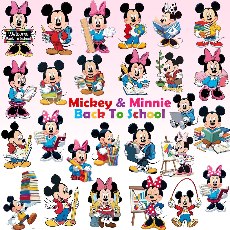 Puede incluir: Una colecci&oacute;n de ilustraciones de Mickey y Minnie Mouse con tem&aacute;tica escolar, que incluye el texto Mickey & Minnie Back To School. Los personajes aparecen con diversos &uacute;tiles escolares como libros, l&aacute;pices, reglas y globos terr&aacute;queos.