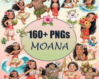 Lindo kit digital de acuarela de Moana, kit digital con temática de Moana, lindas ilustraciones, fiesta infantil, acuarela de Moana para niños, kit digital