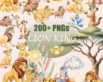 Paquete de imágenes prediseñadas de El Rey León en acuarela PNG, imágenes prediseñadas de El Rey León, imágenes prediseñadas de fiesta de cumpleaños de Simba y sus amigos, lindos personajes de El Rey León PNG