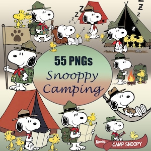 May include: A digital graphic featuring Snoopy in various camping scenarios. Snoopy is depicted with a green hat, backpack, and red scarf. The image includes tents, a campfire, and the text "55 PNGs Snoopy Camping."